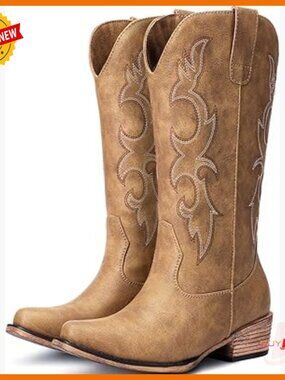 Women's Embroidered Cowboy Boots Mid Calf Chunky Heel Snip Toe